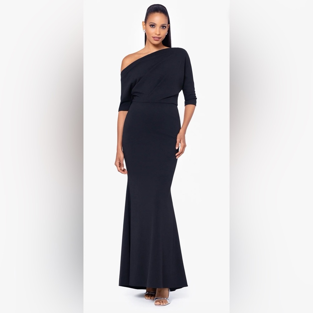 NEW! BETSY & ADAM Size 8 "MADELINE" LONG SCUBA CREPE OFF THE SHOULDER DROP DRESS